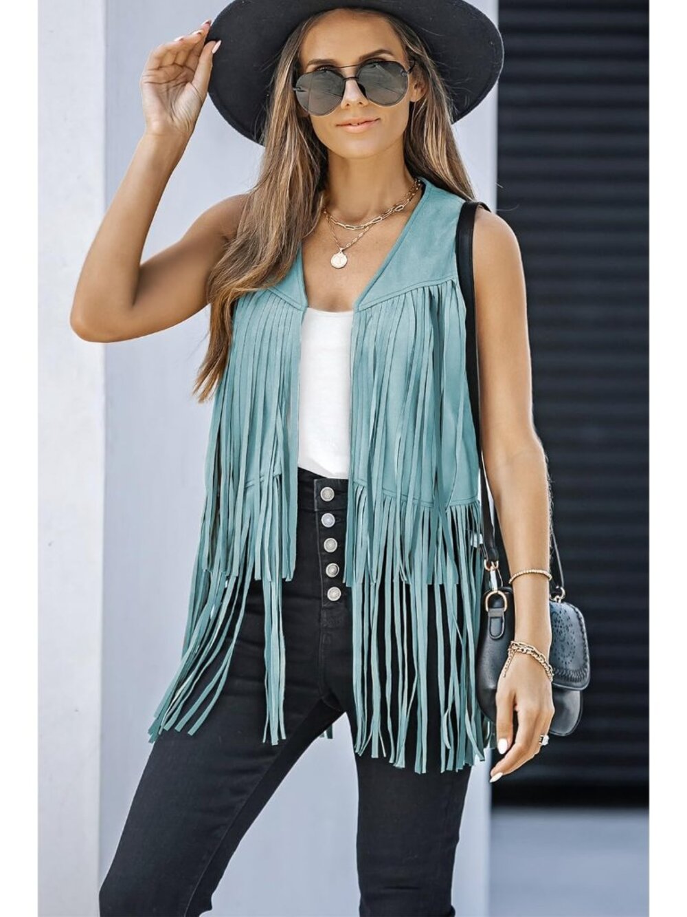 Women's Blue Fringe Vest 70s Hippie Costume Sleeveless Cowgirl Western Outfits - Picture 6 of 6